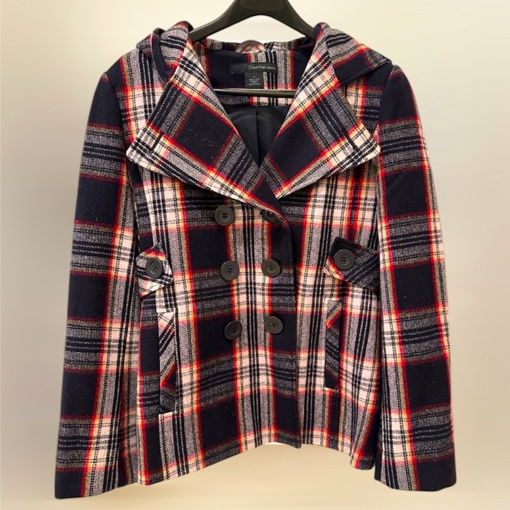 Calvin Klein Plaid Pea Coat Size 12 - Picture 1 of 5